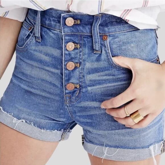 Madewell Button Fly High‎ Rise Denim Cut-Off Jean Shorts Sz 26 Copper Buttons - Picture 1 of 11